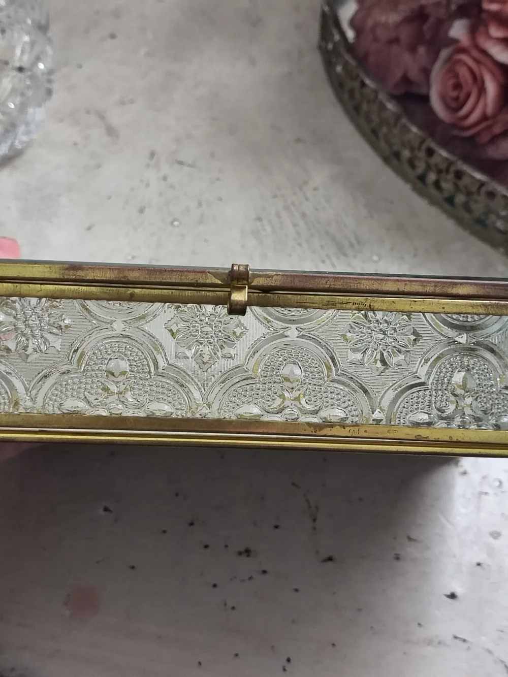 Vintage Brass & Embossed Glass Unicorn Jewelry Box Etched Frosted Glass Trinket